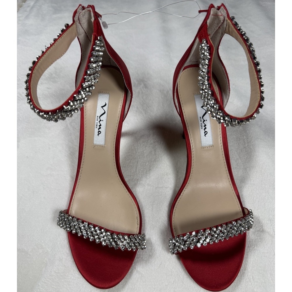 Nina New York Red Satin Rhinestone Ankle Strap Heels Women's 8M EU 38‎